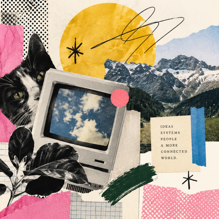 Paper collage with a cat, botanical leaves, mountains, clouds, and bright color fields