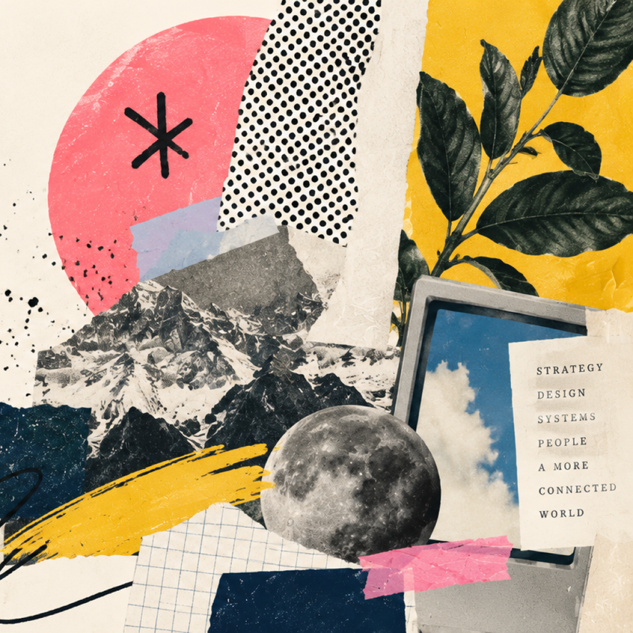 Colorful Studio Salal collage with botanical and paper forms