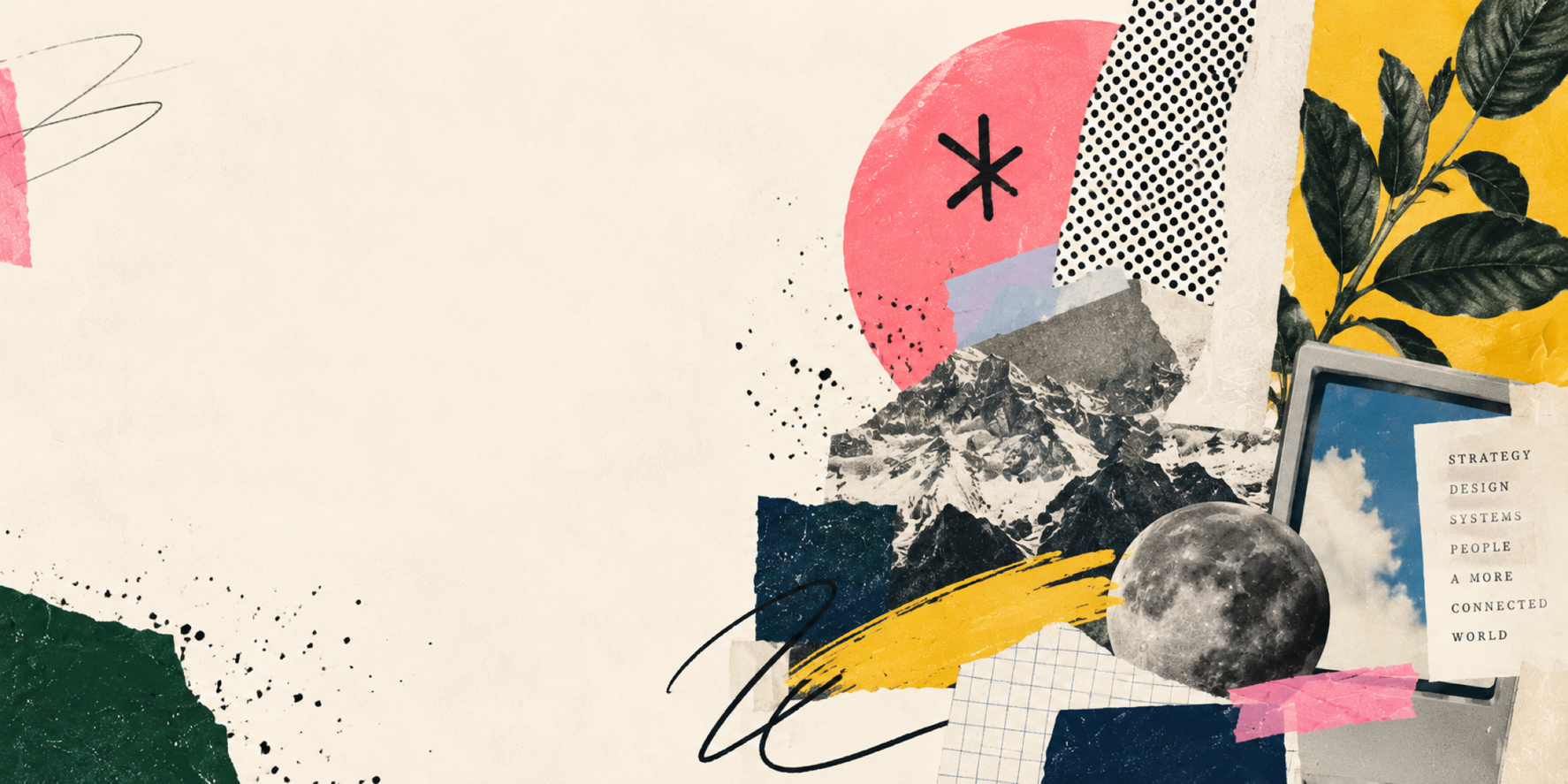 Studio Salal collage system with mountains, leaves, ink, and bright paper forms
